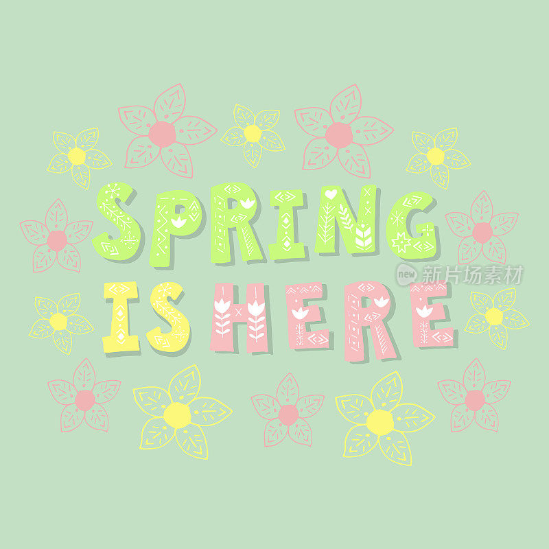 这里是春天的短信明信片。复活节日春字设计。字体插图与可爱的鸡蛋和花。海报、横幅、卡。向量eps 10。
